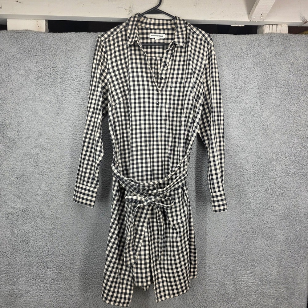 Country Road Black White Gingham Check Shirt Dress Faux Wrap Long Sleeve Size 12